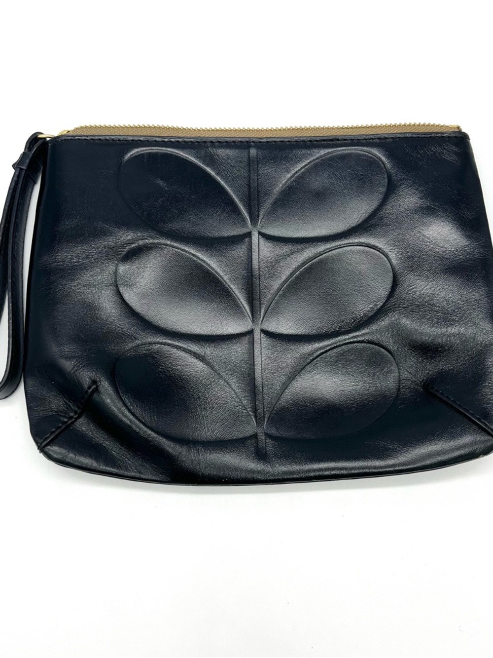 Black Leather Wristlet Clutch with Quilted Leaf Design